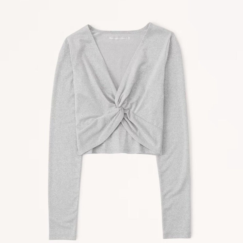 abercrombie and fitch Long-Sleeve Sparkle Twist Top in grey shimmer